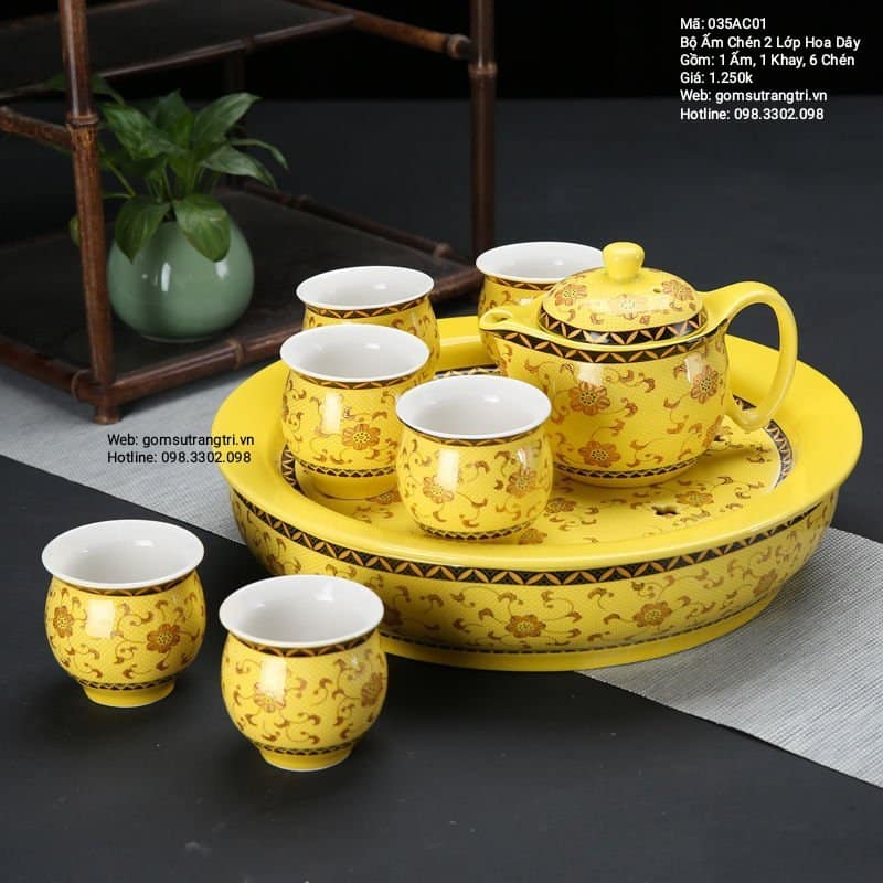 BỘ ẤM CHÉN 2 LỚP HOA DÂY